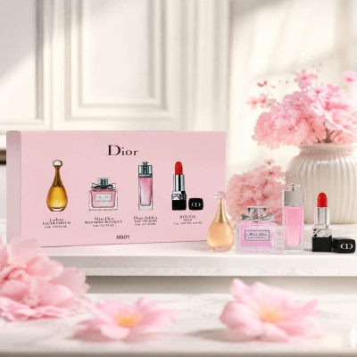DIOR Luxury Perfume & Lipstick Gift Set – 3 Mini Perfumes + 1 Lipstick (Pink Edition)